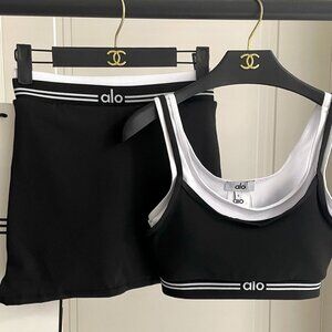 ALO Yoga Black & White Ribbed Sports Bra and Skirt Set